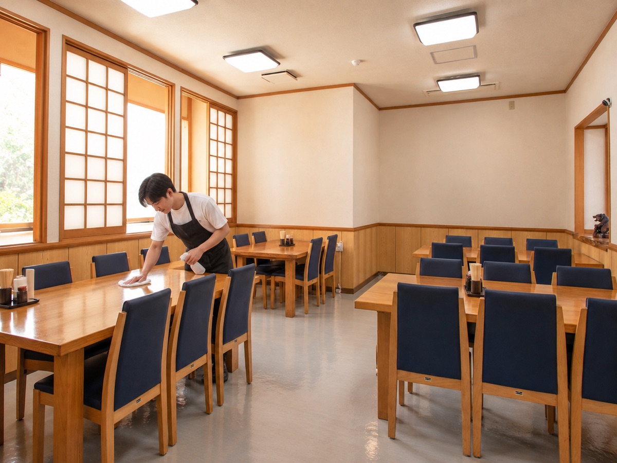 テーブルを丁寧に拭くホールスタッフ